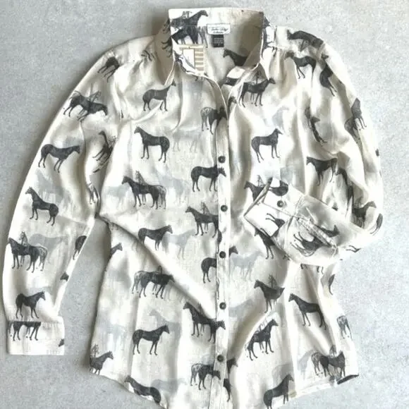 Tasha Polizzi Stallion Print Chiffon Blouse Button Down Shirt Size Medium - Picture 9 of 9